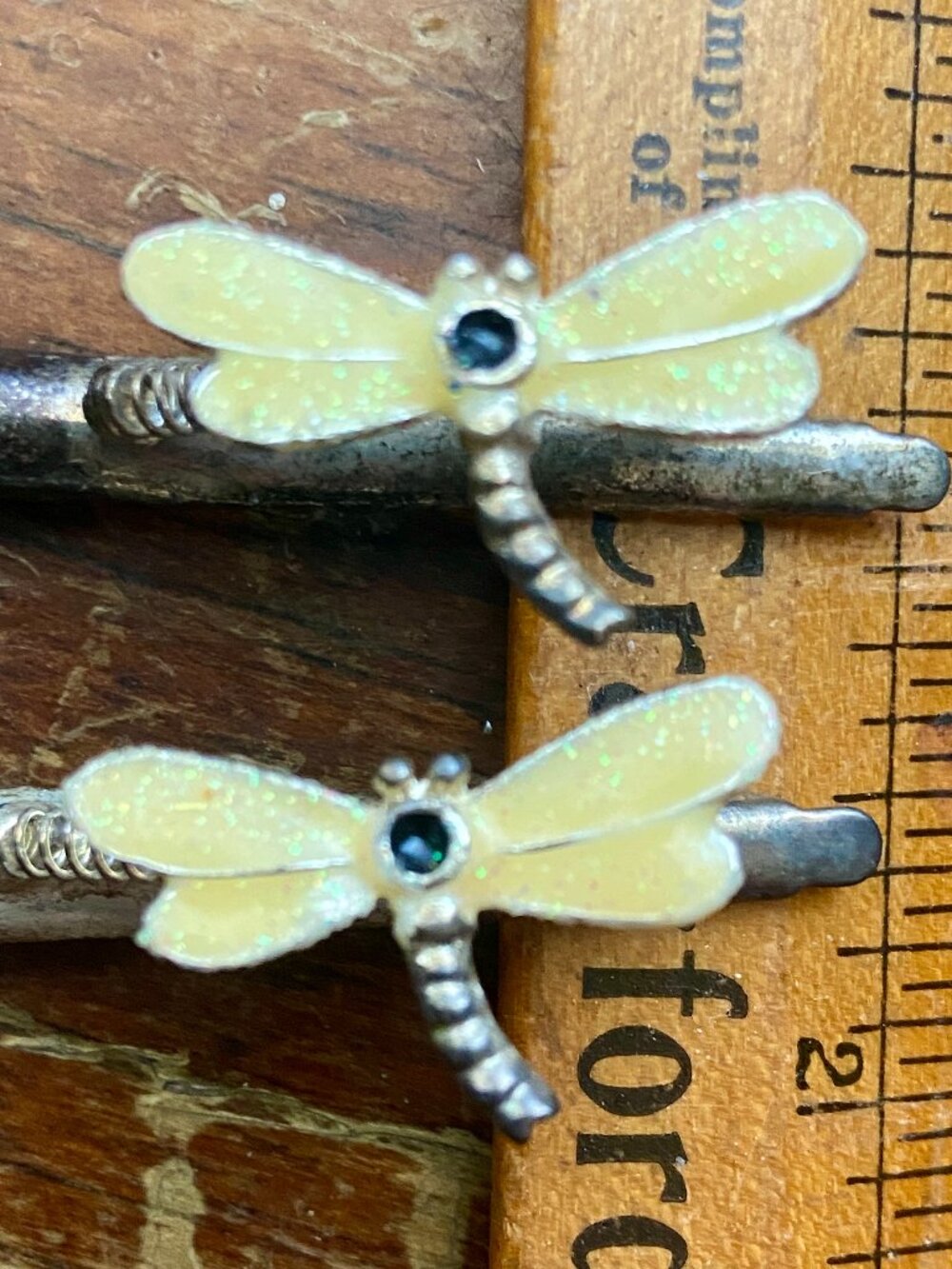 Fluttering Dragonfly Vintage Hair Clips Yellow Enamel Barrette Silver PAIR Y2K